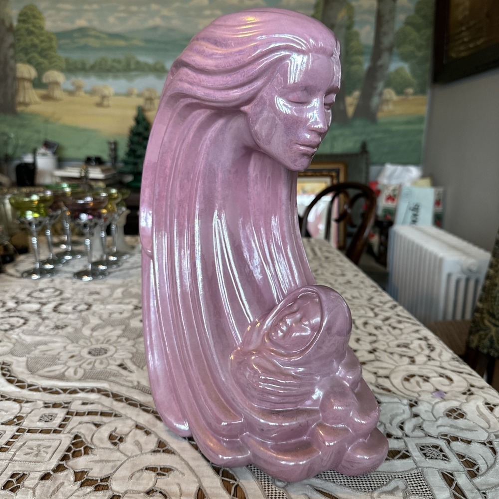Vintage 1980's Post Modern Deco Pink Sculpture Long Haired Woman With Baby